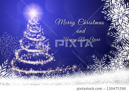 Sparkling gold and silver lights Christmas tree. Merry Christmas and Happy New Year greeting message on blue background,snow flakes,bright lights decoration 130475390