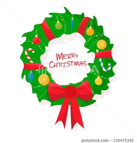 Christmas decorated wreath on a white background. Flat cartoon style vector illustration. Christmas decorated wreath on a white background. Flat cartoon style vector illustration. 130475392