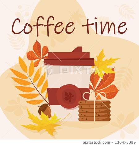 Chocolate chip cookies and coffee in cup. Top view. Flat style elements. Chocolate chip cookies and coffee in cup. Top view. Flat style elements. 130475399