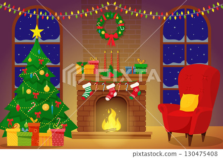 Christmas interior of the living room with a Christmas tree, gifts and a fireplace. Vector illustration in a flat style 130475408