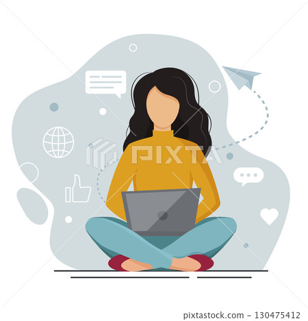 Woman studying with laptop, working from home at home office, connecting online network during Coronavirus outbreak. Remote working, communication and business concept. Flat style vector illustration. 130475412