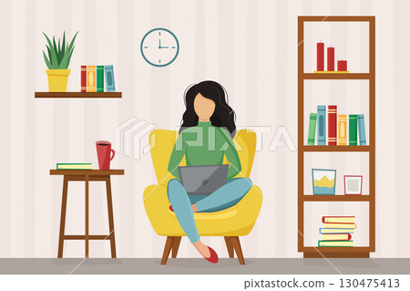 girl with laptop sitting on the chair. Freelance or studying concept. Cute illustration in flat style. girl with laptop sitting on the chair. Freelance or studying concept. Cute illustration in flat style. 130475413