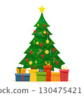 Decorated christmas tree with gift boxes, star, lights, decoration balls and lamps. Merry Christmas and a happy new year. Flat style vector 130475421