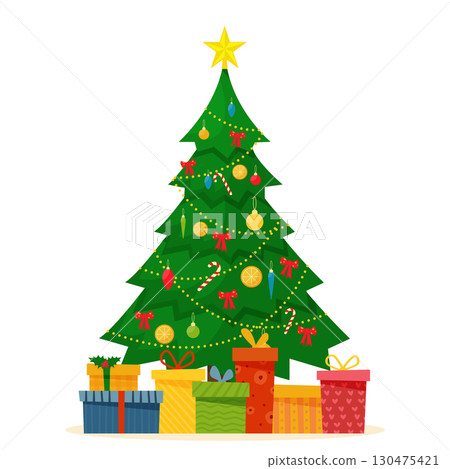 Decorated christmas tree with gift boxes, star, lights, decoration balls and lamps. Merry Christmas and a happy new year. Flat style vector Decorated christmas tree with gift boxes, star, lights, decoration balls and lamps. Merry Christmas and a happy new year. Flat style vector 130475421