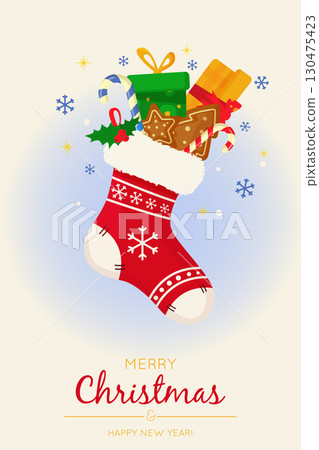 Christmas greeting card with sock full of gifts in flat style. Vector illustration. 130475423