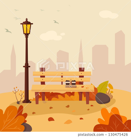 Vector illustration of a beautiful autumn city park with town building background. Evening in the park. 130475426