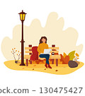 A girl sits on a bench in an autumn park and works at a laptop. Trend colors. Vector illustration in cartoon flat style 130475427