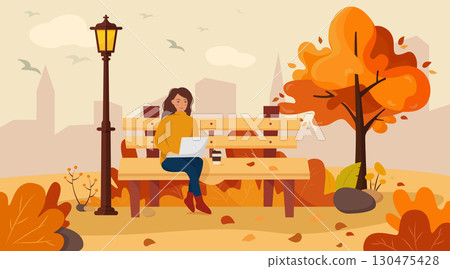 A girl sits on a bench in an autumn park and works at a laptop. Trend colors. Vector illustration in cartoon flat style. 130475428