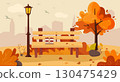 Vector illustration of a beautiful autumn city park with town building background. Evening in the park. 130475429