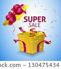 Super sale banner template. Open gift box. Vector illustration The best offer of the big sale. Discount colorful falling confetti streamers. 130475434
