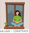 Girl with a cup of coffee in the autumn window. Vector illustration in cartoon flat style. 130475435