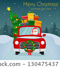 Chrismas car with Santa Claus as the driver with gifts, tree and decorations. Flat cartoon style vector illustration. 130475437