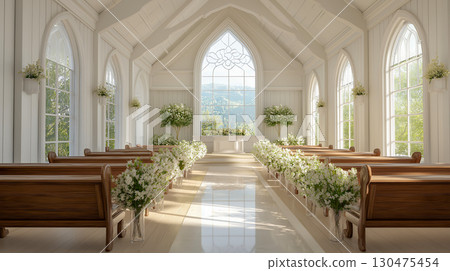 充滿燈光和婚禮裝飾的純白色教堂 充滿燈光和婚禮裝飾的純白色教堂 130475454