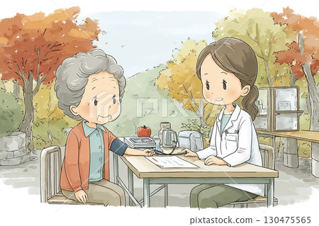 An elderly woman undergoes a health check in a park surrounded by autumn leaves 130475565