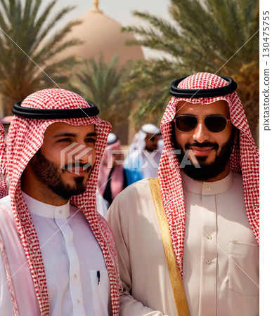 Ai. photo Saudi everyday life. two men in traditional clothes Representatives of everyday life on a walk among people 130475755