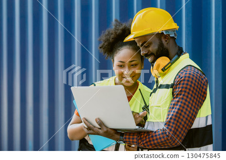 People in container port, Customs team at container yard, Cargo Import Export. Logistics industry. 130475845