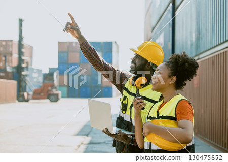 People in container port, Customs team at container yard, Cargo Import Export. Logistics industry. 130475852