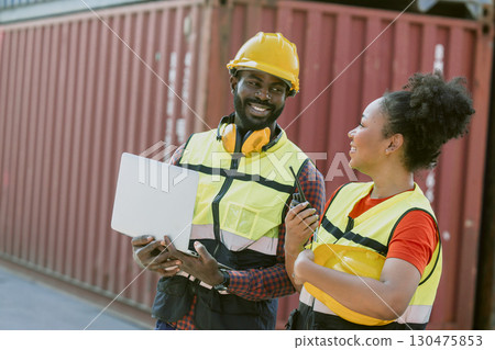 People in container port, Customs team at container yard, Cargo Import Export. Logistics industry. 130475853