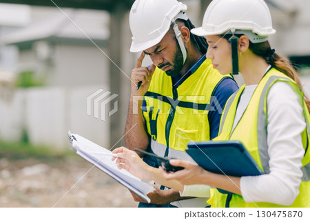 Construction engineer builder stressed solving problem meeting site auditor women with floorplan Construction engineer builder stressed solving problem meeting site auditor women with floorplan 130475870