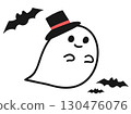 Illustration of a ghost and bat wearing a top hat with a red string 130476076