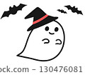 Illustration of a bat and a ghost wearing a witch's hat with red strings for Halloween 130476081