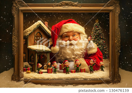 Santa Claus and little elves celebrate Christmas joyfully in a snowy village scene at night 130476139