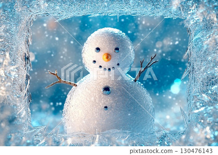 Frozen-over snowman with glistening surface surrounded by icy frost in winter landscape Frozen-over snowman with glistening surface surrounded by icy frost in winter landscape 130476143