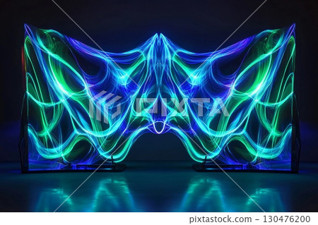 Symmetrical wave design showcasing glowing blue and green colors in an abstract composition Symmetrical wave design showcasing glowing blue and green colors in an abstract composition 130476200