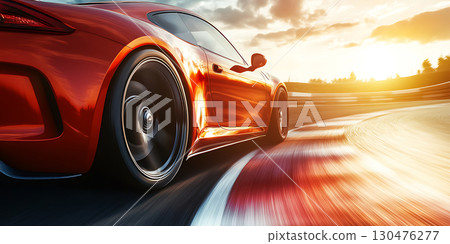 Red Sports Car Speeding on Race Track at Sunset 130476277