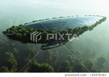 A solar-powered airship, shaped like a tree canoe, glides over a lush forest with integrated solar panels 130476363