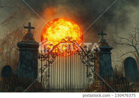 Old iron gate leading to a night cemetery with ghostly graves and an eerie moon 130476375