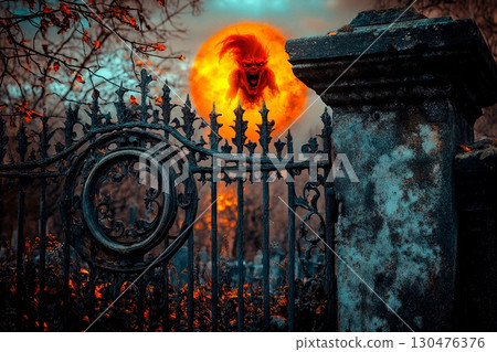 Old iron gate leading to a night cemetery with ghostly graves and an eerie moon 130476376