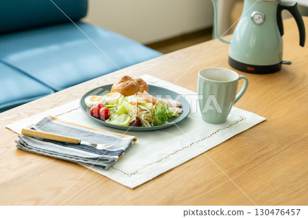 Breakfast: Bread and salad on the table Breakfast: Bread and salad on the table 130476457