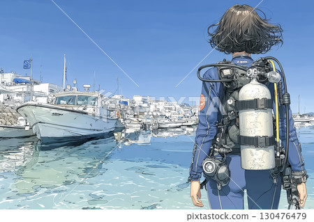 一名女潛水員望著大海，準備潛水。後視圖 130476479