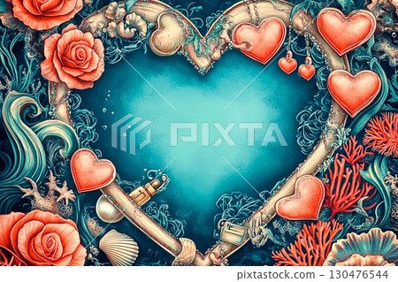 Heart-shaped coral reef frame showcases vibrant underwater life with colorful marine elements 130476544