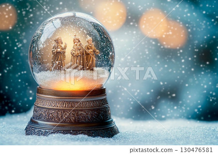 Antique snow globe radiates an eerie glow while showcasing a festive winter scene Antique snow globe radiates an eerie glow while showcasing a festive winter scene 130476581