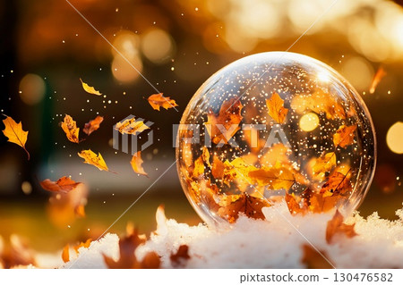 Captivating glass globe filled with vibrant leaves amidst sparkling light 130476582