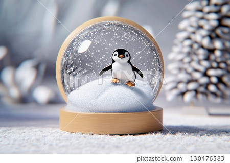 Tiny penguin slides down ice slide inside decorative snow globe with snowy background 130476583