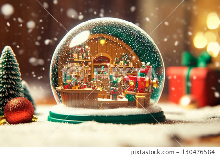 Tiny elf workshop inside a snow globe creates a magical winter scene 130476584