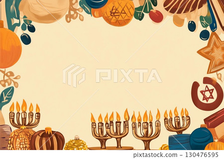 Elegant Hanukkah display with candlestick and glittering decorations in warm evening light 130476595