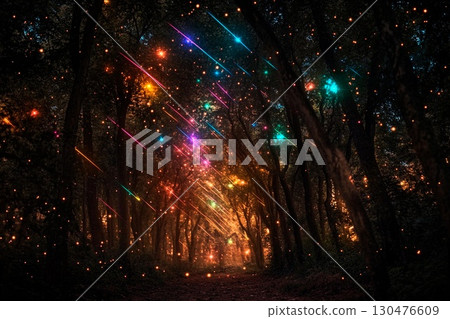 Magical forest illuminated by vibrant multicolored shooting stars at twilight 130476609