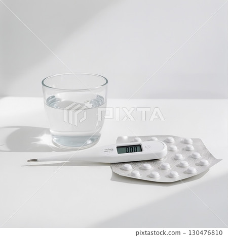 Clean desk with thermometer and medicine (medical and healthcare background) 1:1 Clean desk with thermometer and medicine (medical and healthcare background) 1:1 130476810