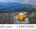 Yellow bollard on the dock. 130476985