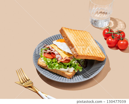 Club sandwich with egg, bacon, cheese, tomatoes, lettuce and sauce in a plate on a beige background Club sandwich with egg, bacon, cheese, tomatoes, lettuce and sauce in a plate on a beige background 130477039