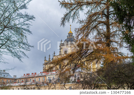 Historic architecture of a palace in a city park on a cloudy day during autumn season 130477166