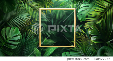 Lush Tropical Foliage Emerald Green Nature Background with Golden Frame 130477246