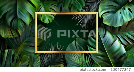 Lush Green Tropical Background with Golden Frame 130477247