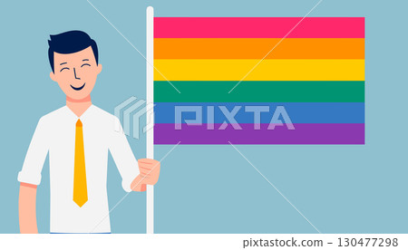 Hand drawn illustration man holding lgbt flag 130477298
