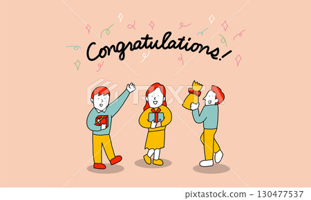 Congratulations! Illustration of people celebrating with presents Congratulations! Illustration of people celebrating with presents 130477537