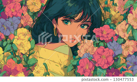 Illustration of a woman surrounded by flowers 130477553
